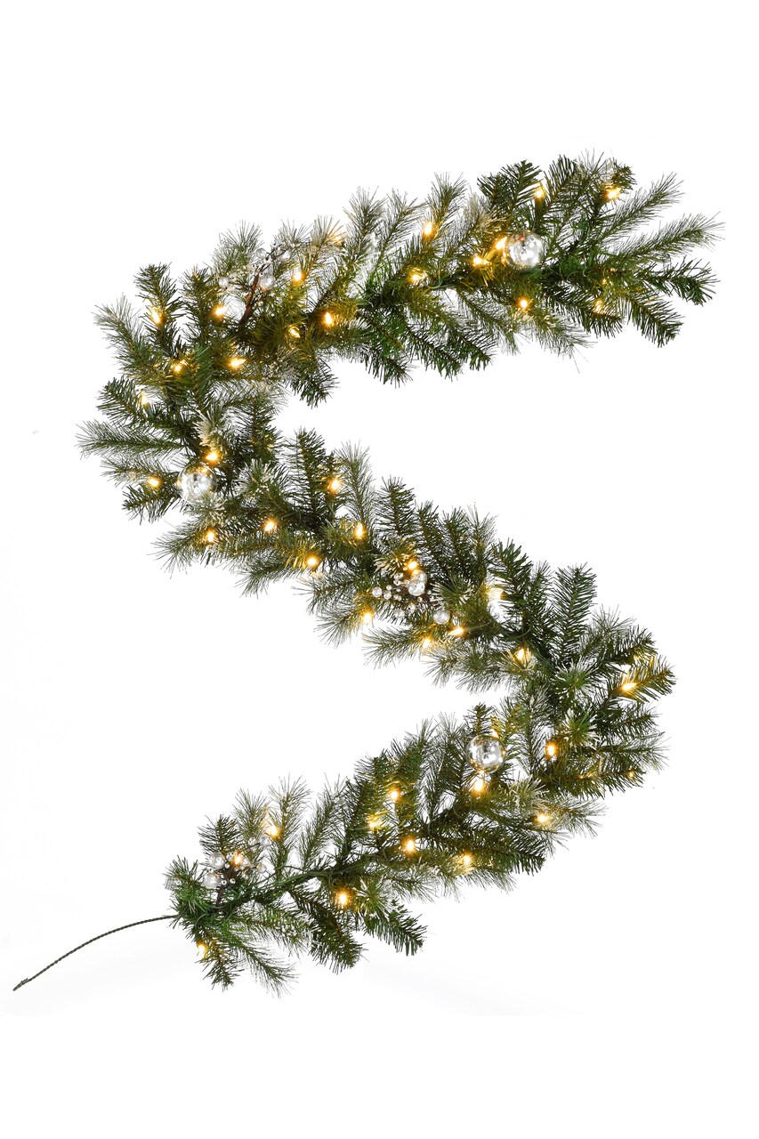 Perfect Holiday 6ft Pre-lit Snow Dusted Nulato Pine Garland With Silver Ornaments And Berry Clusters